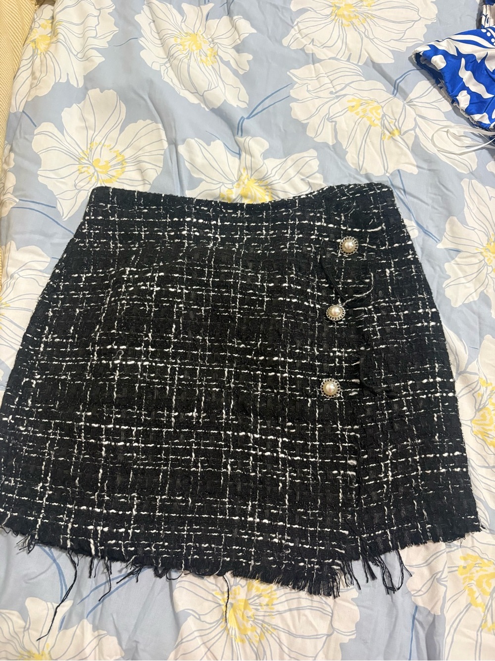 Francesca's Collections Black and White Tweed Mini Skirt with Pearl Buttons